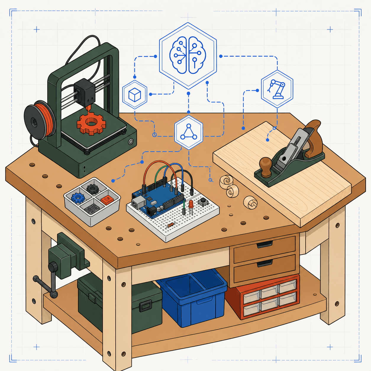 Isometric illustration of a maker's bench: a 3D printer mid-print, an Arduino on a breadboard with jumper wires, and woodworking tools with a hand plane and shavings, threaded together by glowing AI-agent nodes on a warm off-white background with a faint blueprint grid.